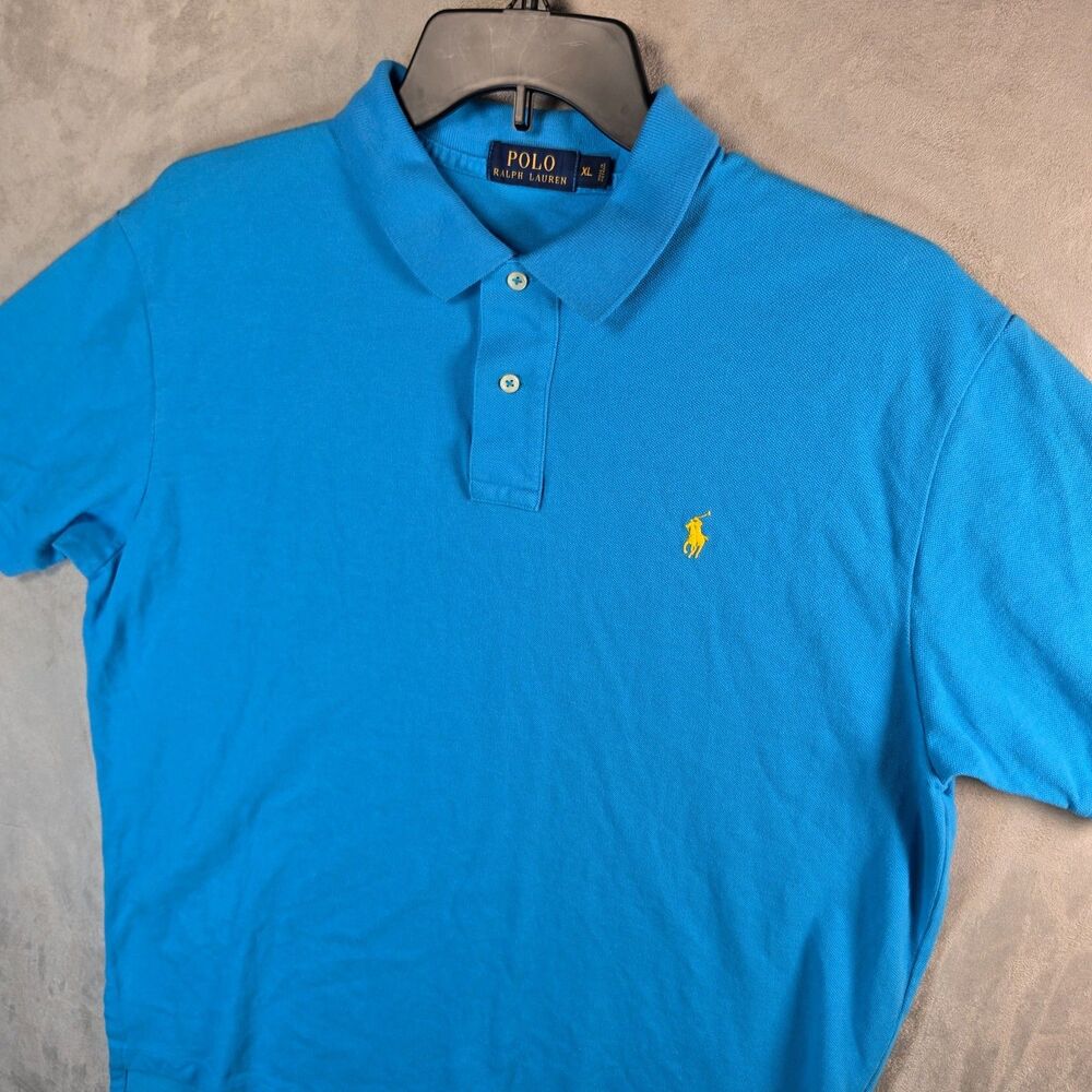 Polo Ralph Lauren Men's XL Polo Shirt Turquoise Blue Cotton Mesh Yellow Pony